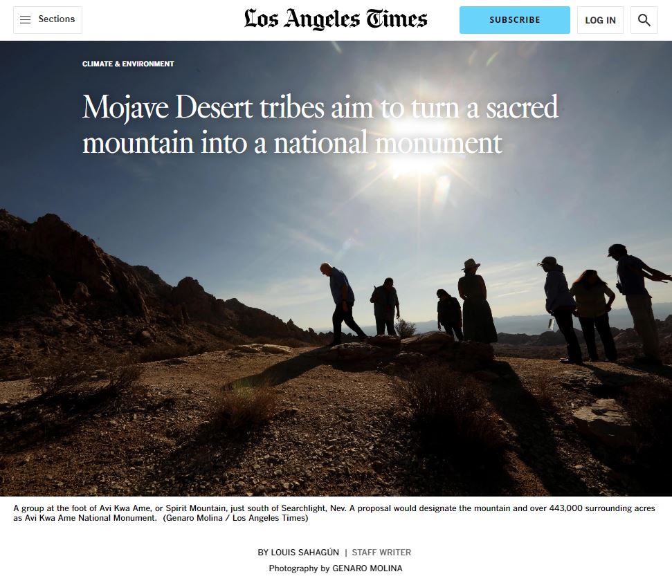 LA Times Article Desert Tribes Seek Monument Status for Sacred Mountain